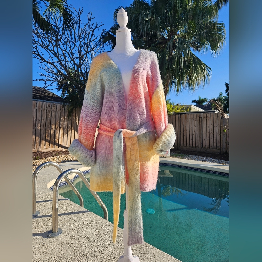 NEW Shein Hand Knit Cardigan Colorful Pastel Multicolor Rainbow Size S Cozy - Picture 2 of 10